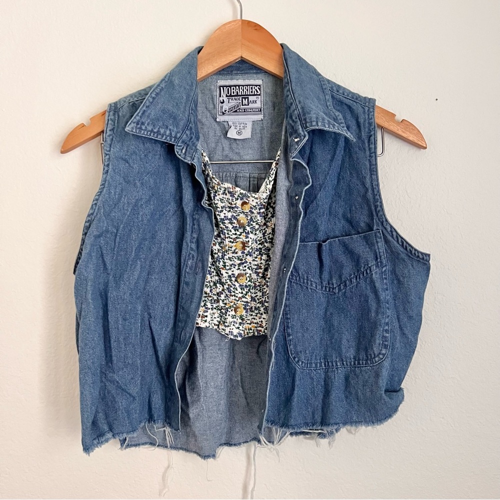 Vintage 90s No Barriers Denim Vest Floral Crop Top Sz M